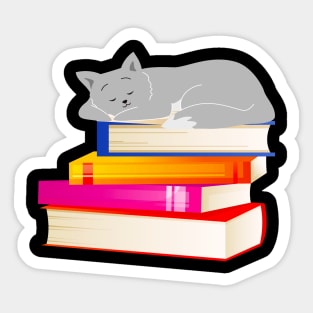 Cat sleeping on Books Reading Cat Lover Sticker